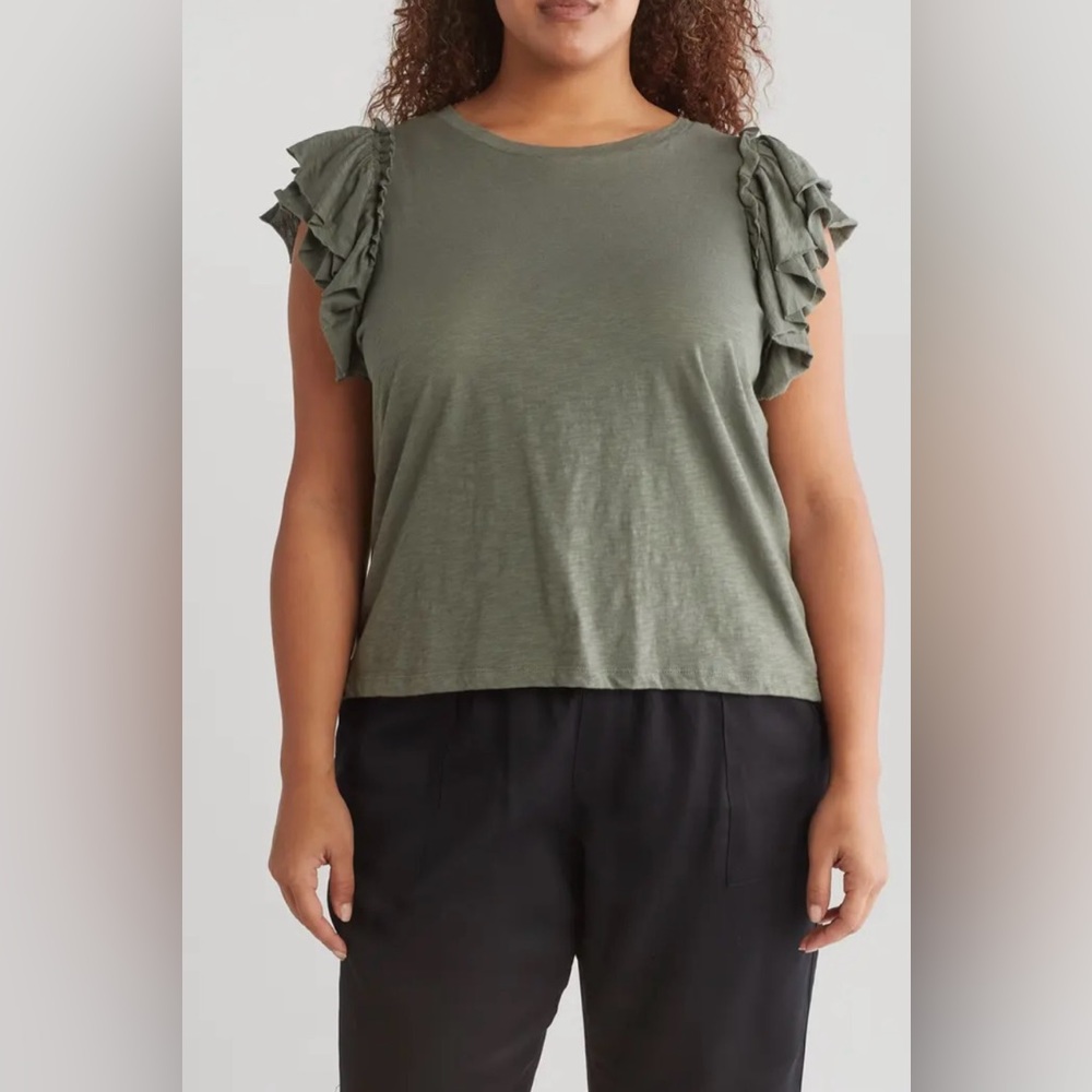 NWT Industry Republic Double Flutter Ruffle Sleeve Pima Cotton T-Shirt 3X Green